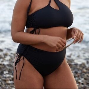 Anthropologie 1X Plus High Waisted Ruched Tie Side Black Bikini Swim Bottoms